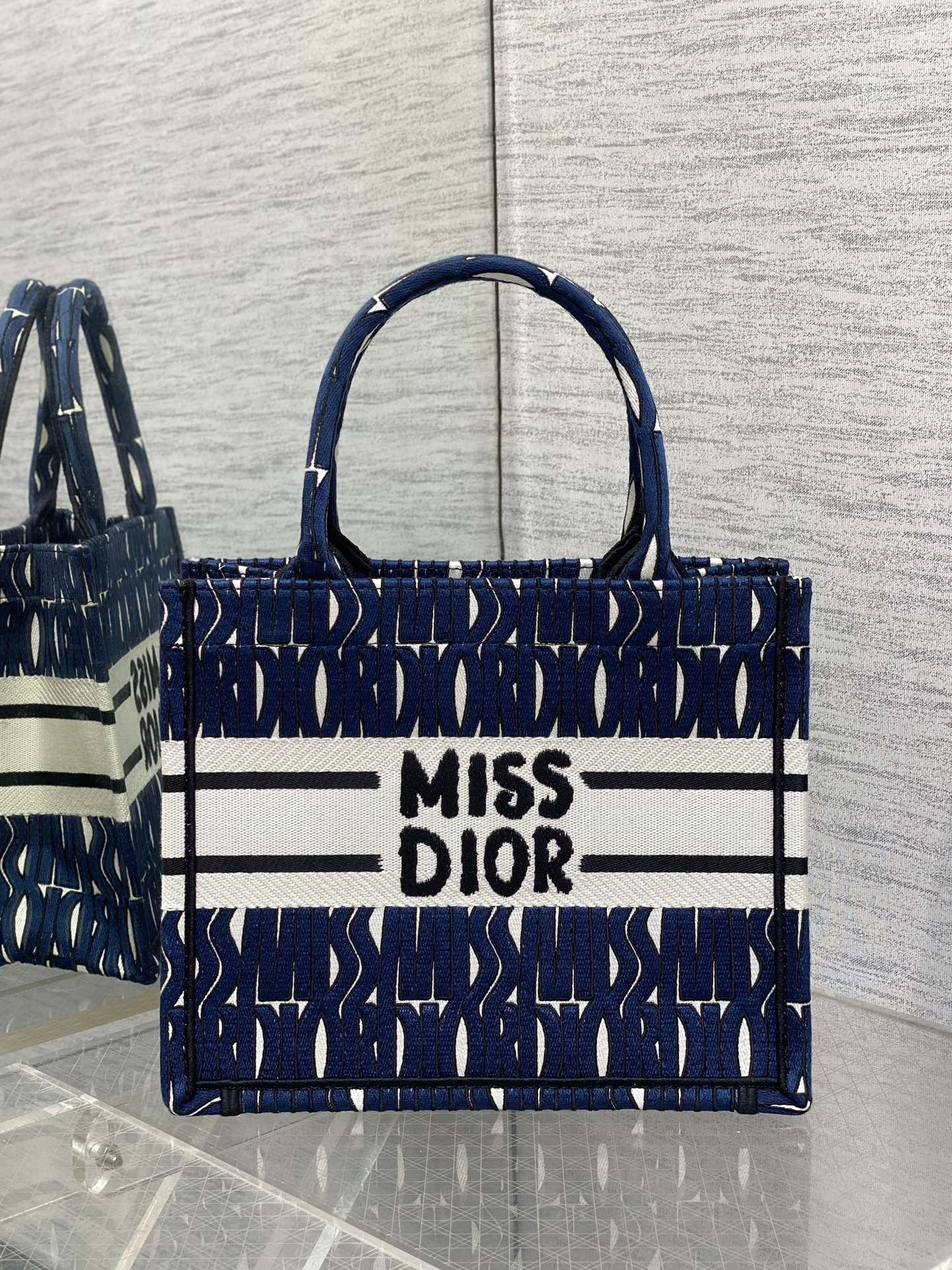 Small Dior Book Tote Bag Blue and White Miss Dior Allover Embroidery